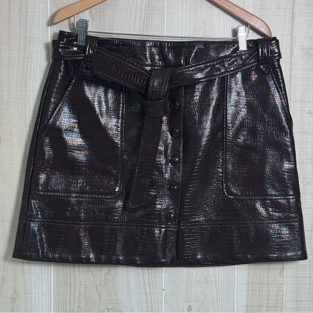 TOPSHOP Faux Leather Croc Brown Skirt‎ Belt Snap Buttons NWOT Boho Grunge SZ 12